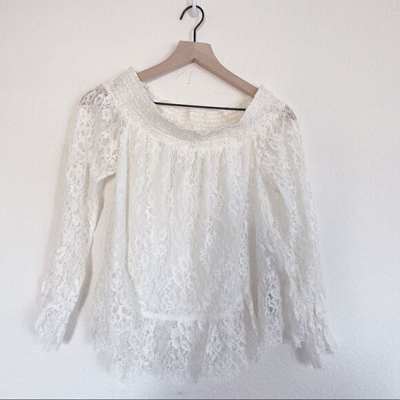 LoveShackFancy Lace Smocked Peplum Top Ivory White - Picture 5 of 11